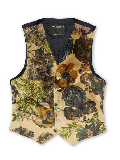 Inspired by vintage floral paintings, this beautiful single-breasted cotton waistcoat is finished with mother-of-pearl buttons, and is a great way to elevate black tie and eveningwear. Eco Print Vest, Men’s Waistcoat, Men Waistcoat Outfits, Grad Suits, Harvest Witch, Christmas Dinner Outfit, Waistcoat Outfit, Family Stone, Men Waistcoat