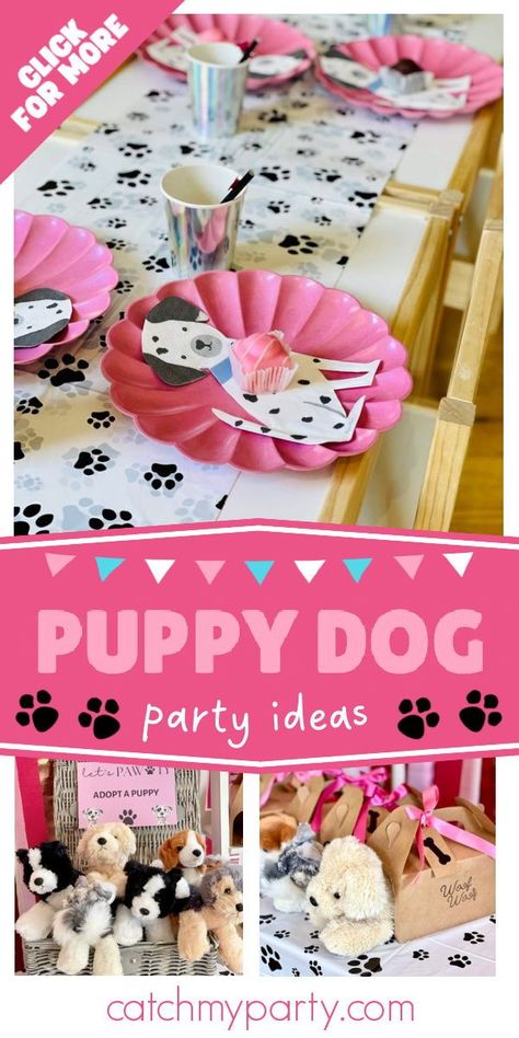 Puppy Love Valentine Party, Puppy Themed Birthday Party Ideas, Puppy Dog Birthday Party Girl, Puppy Themed Birthday Party Girl, Pawty Dog Party Girl, Puppy Party For Kids, Puppy Birthday Party Theme, Puppy Themed Birthday Party, Dog Bday