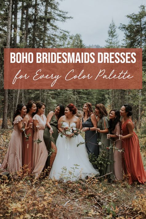 Our roundup of boho bridesmaids dresses for any color palette now on the blog | Image by Maggie Grace Photography Vintage Boho Bridesmaid Dresses, Boho Bridesmaid Dress Mismatched Fall, Boho Bride And Bridesmaids, Outdoor Fall Bridesmaid Dresses, Bridesmaid Dresses Boho Rustic, Western Boho Bridesmaid Dresses, Color Guide Bridesmaids Dresses, Boho Chic Bridesmaid Dress, Boho Bridesmaids Dresses