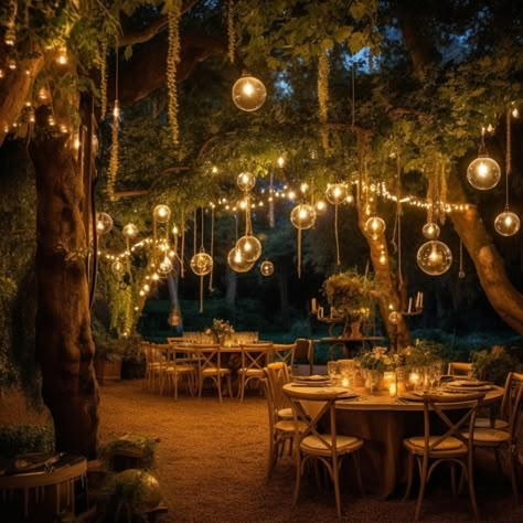 Fairy Forrest Weddings, Beautiful Forest Wedding, Wedding Forest Ideas, Fairy Backyard Wedding, Wedding Venue Forest Fairy Lights, Dream Wedding Forest, Outdoor Fairy Wedding Ideas, Magical Theme Wedding, Forest Night Wedding