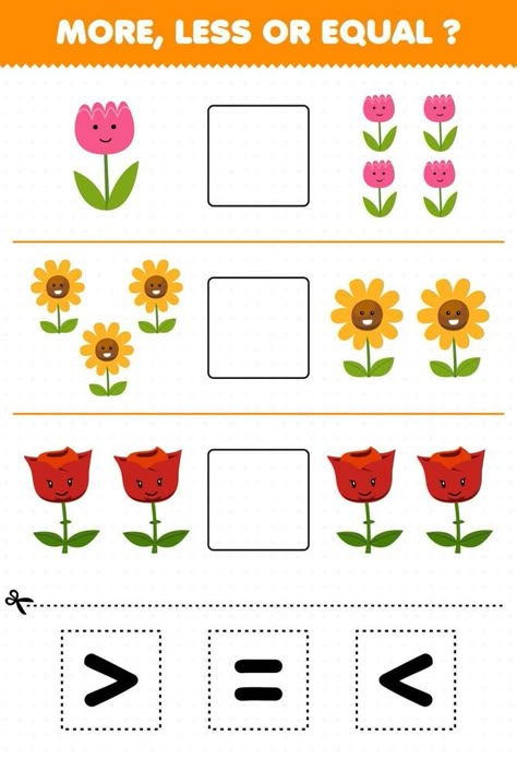 Education game for children count more less or equal of cartoon flower then cut and glue the correct sign nature worksheet Nature Worksheet, Flower Math, Cute Flower Drawing, Flowers Cartoon, Kindergarten Phonics Worksheets, Teacher Cartoon, Christmas Activity Book, Pattern Activities, Game For Children