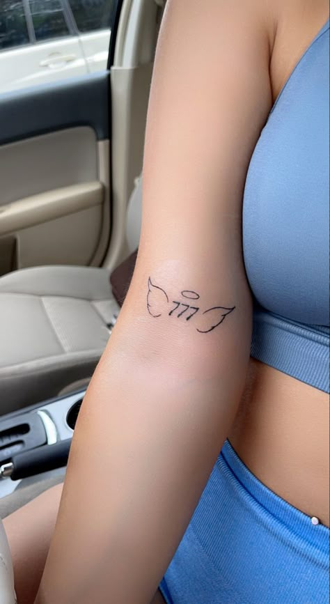 Angel Wing Design Tattoo, Angel And Angel Number Tattoo, Cute Angel Number Tattoos, 777 Tattoo On Arm, Number With Angel Wings Tattoo, 444 Angel Tattoo Ideas, 444 Tattoo With Wings, Angel Number With Wings Tattoo, 777 Tattoo Ideas Women