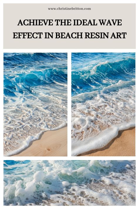 Guide to creating realistic wave effects in resin art, showcasing detailed examples of ocean waves on sandy beaches. Epoxy Resin Painting, Diy Beach Waves, Diy Beach Art, Beach Resin Art, Resin Beach Art, Resin Ocean Art, Resin Waves, Beach Resin, Ocean Resin Art