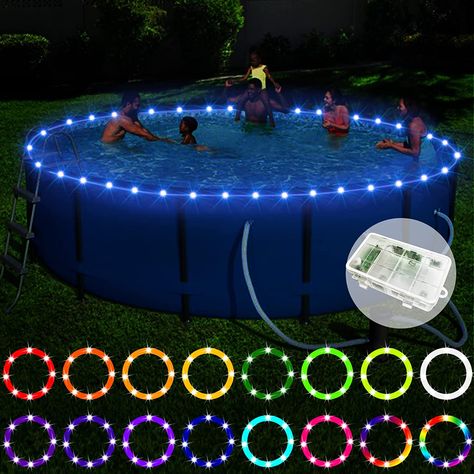 Above Ground Pool Lights At Night, Bar Around Above Ground Pool, Above Ground Pool Lighting, Pool Decks For Above Ground Pools, Cowboy Pools, Above Ground Pool Accessories, Above Ground Pool Lights, Pool And Pool House Ideas, Pretty Backyard