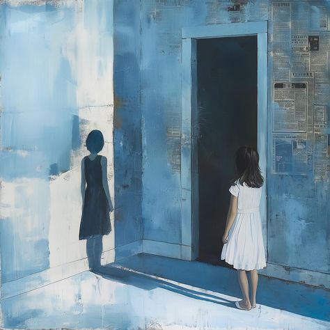 This intriguing piece of art depicts a young girl in a white dress standing before a dark doorway, her shadow cast behind her on a textured, blue-toned wall. The shadow takes on a life of its own, seemingly stepping into a parallel world, invoking themes of duality, mystery, and the unknown. Perfect for those who enjoy art that tells a story and evokes deep contemplation. #modernart #canvasprints #metalprints #itzart #surrealart #mystery #artstory #evocativeart #visualnarrative #dreamlike #a... Art That Tells A Story, Parallel World Art, Dark Doorway, Dreamlike Art, Anatomy Studies, Parallel World, Collage Ideas, Anatomy Study, Shadow Art