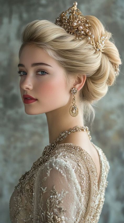 Transform into royalty with these 25 dreamy princess hairstyles! From elegant updos to flowing curls, discover a range of enchanting styles fit for any fairytale. Perfect for weddings, themed parties, or simply adding a touch of magic to your look. Embrace your inner princess and shine like never before! Quick Party Hairstyles, Hollywood Waves Hairstyle, Curls With Volume, Hairstyle Fancy, Fancy Hair Accessories, Hairstyles Messy Bun, Elegant Chignon, Party Hairdo, Hairstyles Romantic