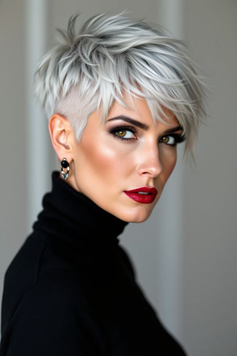 50 Stunning Pixie Cuts That Prove Age Is Just a Number for Women Over 60 Pixie Hairstyles Halle Berry, Platinum Short Hairstyles, Twiggy Hair Pixie, Short Hair With Widows Peak Women, Long Pixie Grey Hair, Shirt Hair Cuts For Women 2024, Short Women’s Pixie Cut, Short Wavy Undercut, Grey Foils