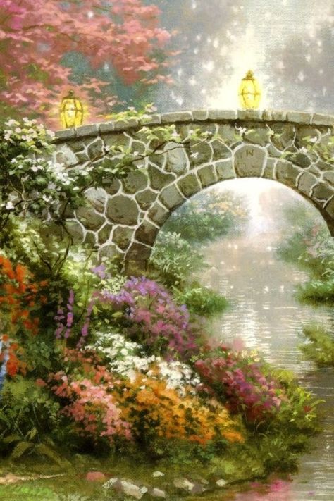 Cottagecore Artwork, Arch Painting, Bridge Drawing, Water Lilies Painting, Canvas Flowers, Bridge Painting, Underwater Painting, Waterfall Art, Oil Painting Nature