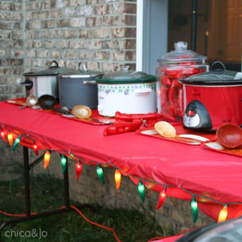 How to host a chili cook-off party | Chica and Jo Christmas Event Ideas, Chilli Cookoff, Chili Bar Party, Chili Fest, Chili Contest, Chili Party, Chili Pot, Neighborhood Block Party, Chili Bar