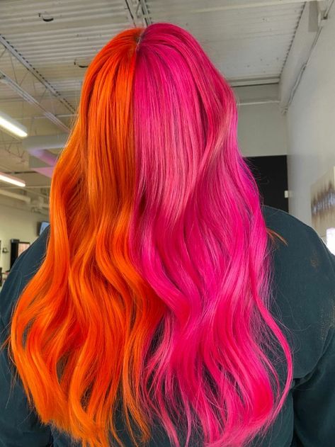 Split Dye Pink And Orange, Orange Pink Split Hair, Vivid Hair Color Split Dye, Pink Into Orange Hair, Vibrant Hair Color Ideas Summer, Red And Orange Hair Split, Hair Bright Color Ideas, Red And Orange Split Dye, Half Pink Half Orange Hair