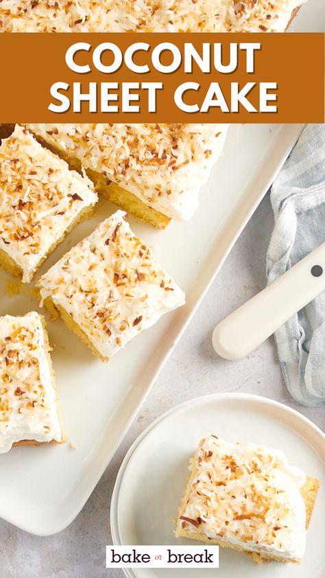 This old-fashioned Coconut Sheet Cake is a quick and easy cake with a delicate coconut flavor in both the cake and the whipped frosting. Add toasted coconut on top for a simple finish. Healthy Baking Alternatives, Coconut Sheet Cake, Coconut Sheet Cakes, Easy Cakes To Make, Coconut Cake Recipe, Whipped Frosting, Chocolate Buttercream Frosting, Sheet Cake Recipes, Simple Cake