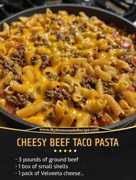 Cheesy Beef Taco Pasta, Beef Taco Pasta, Recipes With Velveeta Cheese, Beef Taco Casserole, Beef Taco, Taco Pasta, Stuffed Shells Recipe, Velveeta Cheese, Cheesy Pasta