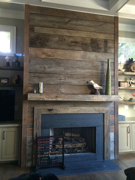 Reclaimed Wood Fireplace surround and mantel - Rustic - Family Room - Atlanta - by Atlanta Specialty Woods | Houzz Scandinavian Fireplace, Farmhouse Fireplace Ideas, Rustic Farmhouse Fireplace, Wood Fireplace Surrounds, Reclaimed Wood Fireplace, Rustic Family Room, Fireplace Bookshelves, Fireplace Shelves, Farmhouse Fireplace