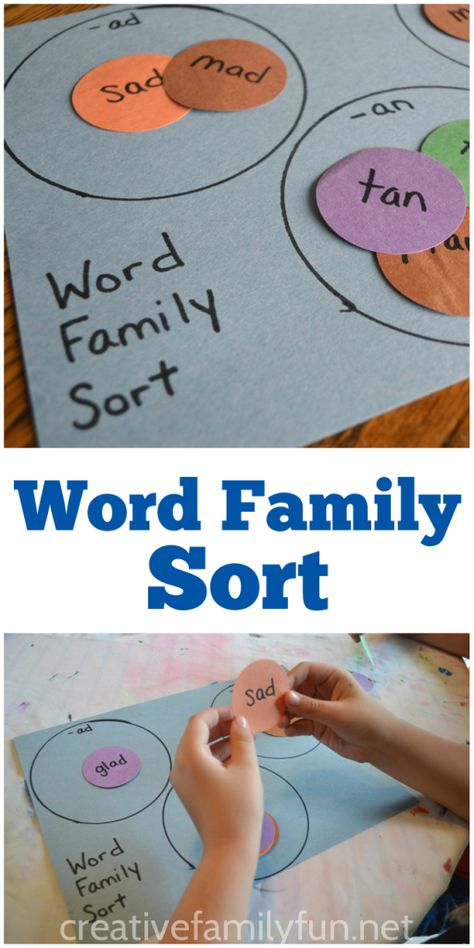 Help your child practice word families with this easy-to-make word family sort game. Word Family Sort, Word Family Activities, Family Word, Word Family, Read And Write, Learning To Read, Kindergarten Learning, Word Study, Word Activities