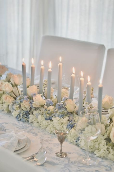 How To Recreate This Stunning French Blue & White Table For Chanukah Hannukah Decorations Aesthetic, Hanukkah Aesthetic, Hanukkah Table Setting, Chanukah Decorations, Hannukah Party, Hannukah Decorations, Blue Taper Candles, Seder Table, Blue Candlesticks