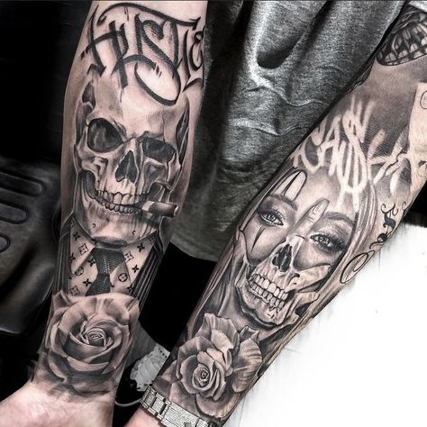 Arm Tattoo Men Skull, Inner Arm Sleeve Tattoo Men, Forearm Skull Tattoos For Guys, Forearm And Hand Tattoo, Forearm To Hand Tattoos Men, Men’s Sleeve Tattoos Ideas, Biceps Tattoos For Men, Chicano Skull Tattoo, Gangsta Tattoos Men Design