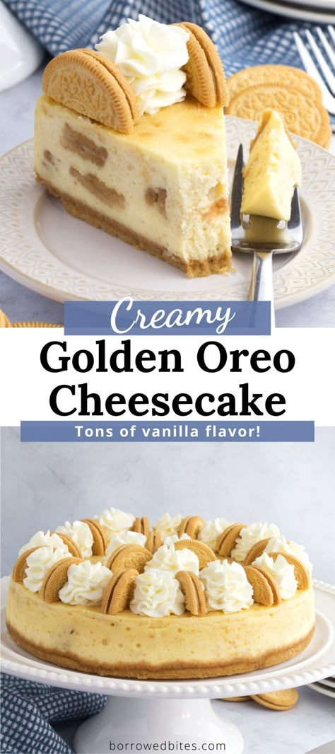 Vanilla Oreo Cookie Recipes, Vanilla Oreo Recipes, Golden Oreo Strawberry Cheesecake, Golden Oreo Strawberry Cheesecake Bars, Vanilla Oreo Dessert, Vanilla Oreo Cheesecake, Oreo Cheesecake Crust, Golden Oreo Desserts, Lemon Oreo Cheesecake