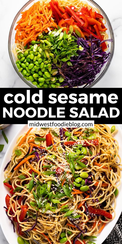 Two photos of cold sesame noodles No Cook Noodle Salad, Sesame Ginger Noodle Salad, Cold Noodle Salad Recipes, Cold Thai Noodle Salad, Vegan Sesame Noodles, Cold Asian Noodle Salad, Potluck Ideas For Work, Cold Noodles Recipes, Asian Noodle Salad Recipe