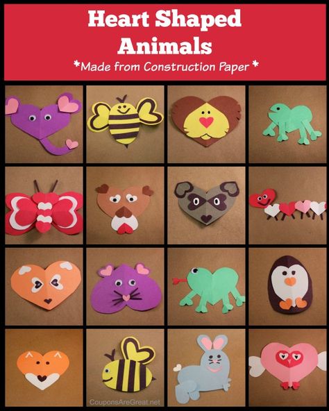 Heart Shaped Animals - these animals are great construction paper crafts to do with kids of all ages!  They make perfect additions to your Valentine's. Heart Shaped Animals, Construction Preschool, Paper Cut Outs, Paper Construction, Preschool Art Projects, Construction Paper Crafts, Art Mediums, Diy Valentines Cards, Valentine's Day Crafts For Kids