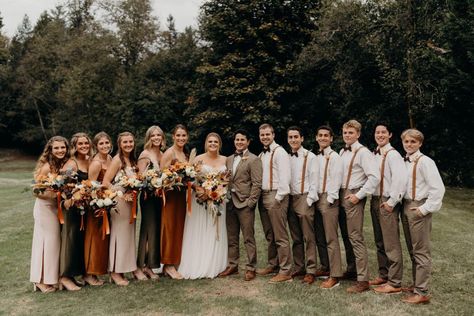 Cinnamon Tuxedo Wedding, Rust Beige Sage Green Wedding Men, Terracotta And Sage Wedding Bridesmaid Dresses, Fall Groomsmen Attire Brown, Sage Champagne Rust Wedding, Terracotta Wedding Inspiration, Fall Bridesmaid Dresses Mismatched With Groomsmen, Eucalyptus And Brown Wedding, Fall Bridal Party Colors Grooms