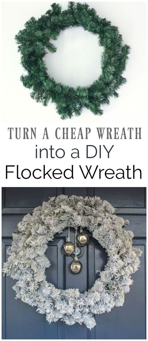 easy flocked wreath, how to make a DIY flocked Christmas wreath, DIY snowy wreath. #wreaths #Christmaswreath #christmasdecor Giant Wreath Diy, Diy Flocking Powder, How To Make A Wreath Step By Step, Handmade Ornaments Christmas, Diy Winter Wreath, Cheap Wreaths, Flocking Powder, Inexpensive Wreaths, Giants Wreath