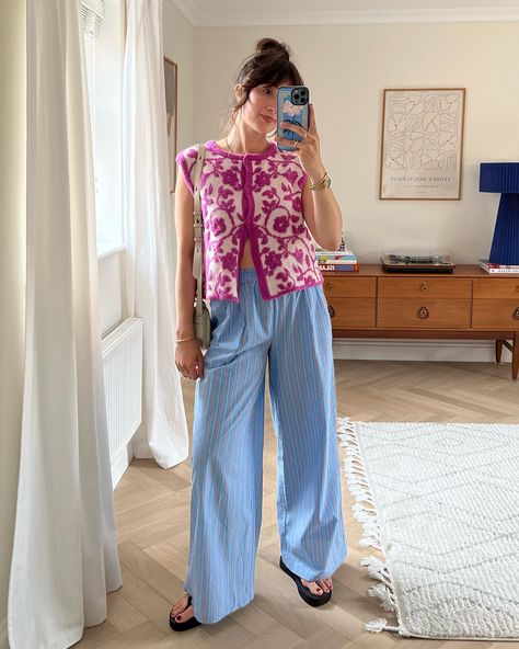 Bright Trousers Outfit, Summer Blue Trousers, Summer Patchwork Trousers, Colourful Trousers, Fun Trousers, Multicolor Relaxed Fit Trousers, Mixed Outfits, South Spain, My Granny