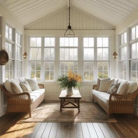 9 Simple and Easy Farmhouse Sunroom Ideas to Inspire You - Home Chic & Comfort Sunroom With Vaulted Ceiling, Old Sunroom Makeover, Shiplap Sunroom Ideas, Modern Farmhouse Sunroom Ideas, Three Seasons Room Ideas, 3 Season Sunroom Ideas, Sunroom Off Bedroom, Sunroom Decorating Ideas Indoor Cozy, Porch Into Sunroom