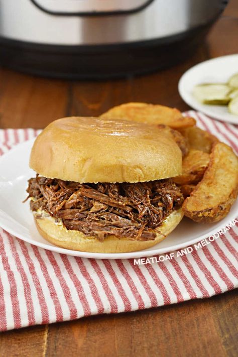 Instant Pot BBQ Beef Roast is fork tender, juicy and delicious. Make the best shredded barbecue beef sandwiches with this easy recipe! Instant Pot Bbq Beef, Bbq Beef Roast, Beef Shoulder Roast, Shredded Beef Sandwiches, Bbq Beef Sandwiches, Instant Meals, Hot Beef, Chuck Roast Recipes, Bbq Roast