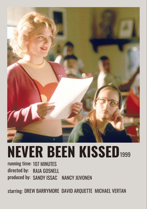 Minimalistic polaroid movie poster Never Been Kissed Movie, Nancy Juvonen, Polaroid Movie Poster, David Arquette, Never Been Kissed, Lovers Kiss, Polaroid Poster, Teen Movies, Drew Barrymore