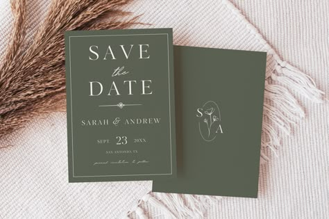 Green And White Save The Date, Olive Green Save The Date, Save The Date Ideas Green, Save The Date Green, Green Save The Date, Safe The Date, Elegant Save The Date, Olive Wedding, Save Our Date