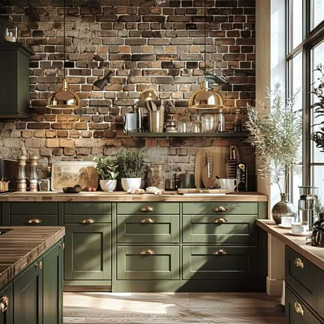 12 Stylish Painting Kitchen Cabinets Ideas with Green and Gold Combinations • 333k+ Inspiring Lifestyle Ideas Cabin Green Kitchen Cabinets, Green Kitchen Traditional, Green Cabinets Brick Backsplash, Green Cabinets Gold Hardware, Green And Gold Kitchen Ideas, Green And Brown Kitchen, Green And Black Kitchen, Green And Gold Kitchen, Green And Wood Kitchen