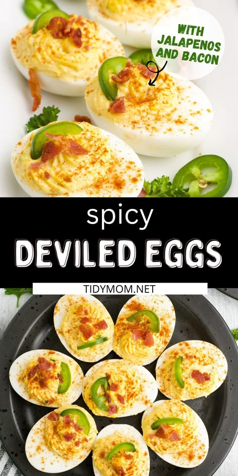 Deviled Eggs Hot Sauce, Jalepeno Popper Devil Eggs, Jalepeno Delived Eggs, Jalapeno Deviled Eggs Recipe, Protein Deviled Eggs, Devil Eggs Recipe, Jalapeño Deviled Eggs, Spicy Deviled Eggs Recipe, Angel Eggs