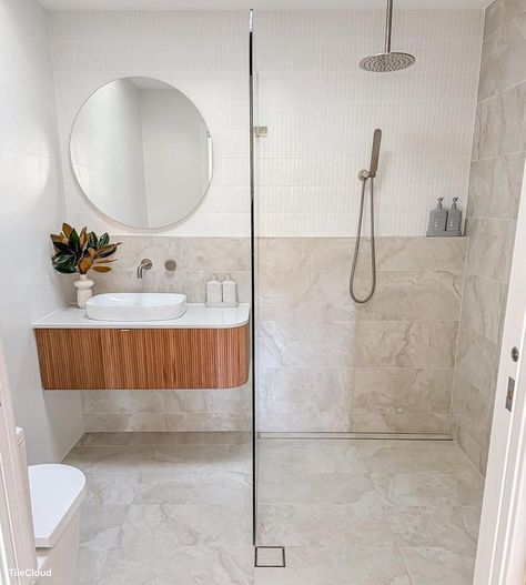 Compact Ensuite, Brushed Nickel Tapware, Nickel Tapware, Neutral Vibes, Ensuite Design, New Bathroom Designs, White Bathroom Tiles, Unique Tile, Bathroom Tile Designs