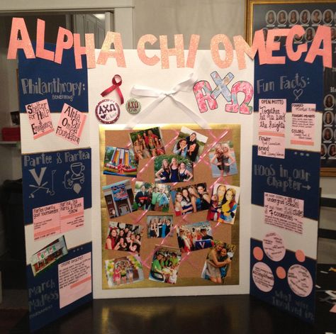 Alpha Chi Omega Recruitment Tri-Fold Decorate With Photos, Graduation Memory Board, Adpi Recruitment, Senior Boards, Tri Fold Poster Board, Chi Omega Recruitment, Trifold Board, Poster Board Ideas, Tri Fold Poster