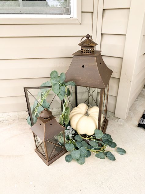 Lantern Decor Fall Outside, Fall Front Porch Decor Lanterns, Fall Lantern Porch Decor, Fall Lanterns Porch, Fall Fireplace Decor With Lanterns, Pumpkins In Lanterns, Fall Lantern Decor Ideas Living Room, Fall Decor With Lanterns, Fall Lantern Filler Ideas