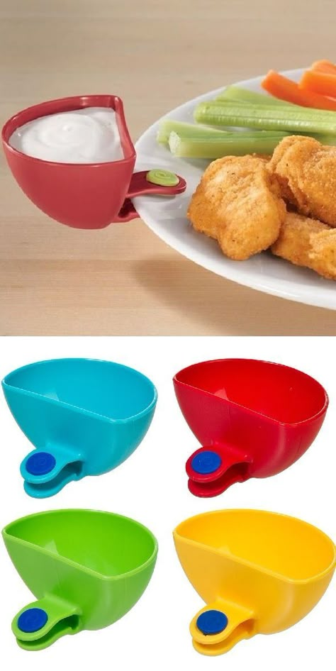 These assorted dip clips easily cling to the rim of your plate and allow to serve veggies or fries with a filled mini bowl ketchup, condiments, dips or sauce. It works with any plate, including paper plates. Price $7.99 (set of 4) Gadgets Design, Cooks Kitchen, Apple Gadgets, Technology Quotes, Inspector Gadget, Gadgets Technology, Japanese Kitchen, Mini Bowls, Design Technology