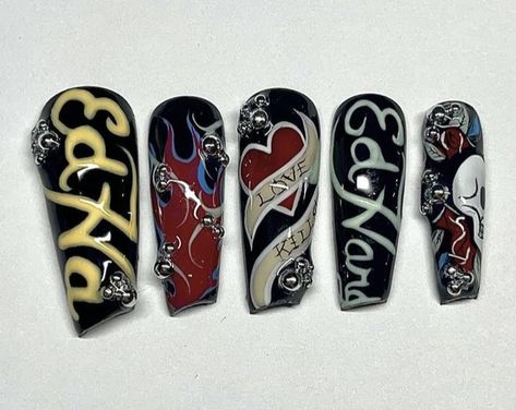 Ed Hardy Nail Art, Domo Nails, Ed Hardy Nails, 15 Nails, Acrylic Nail Designs Coffin, Punk Nails, Hard Nails, Edgy Nails, Gel Nails Diy