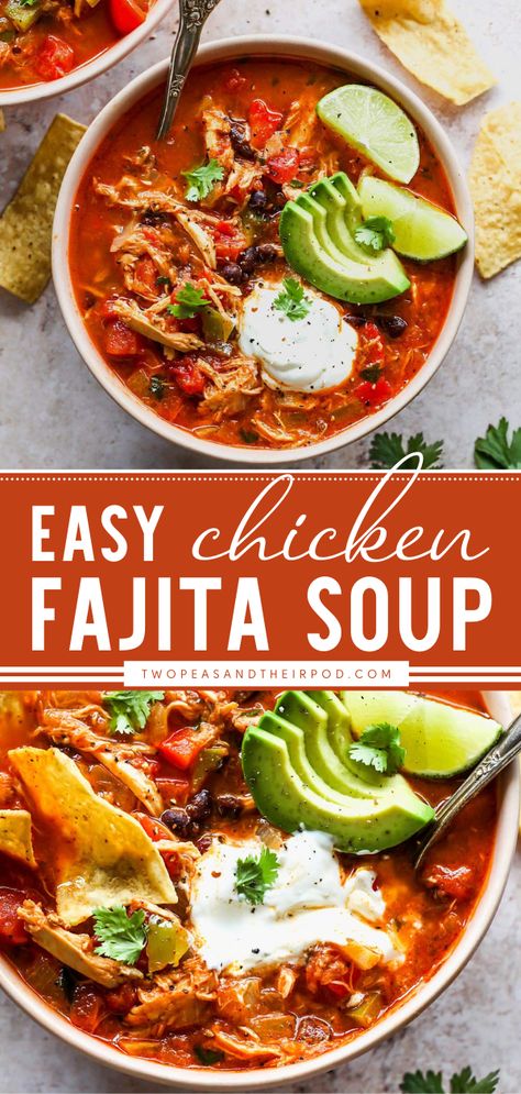 Chicken Fajita Soup Fiesta Chicken Soup Crockpot, Fajita Leftover Ideas, Healthy Chicken Fajita Soup, Chicken Fajita Soup Recipe, Soup Rotisserie Chicken Recipes, Southwest Chicken Soup Recipes, Shredded Chicken Soups, Rotisserie Chicken Soups, Rotisserie Chicken Recipes Soup