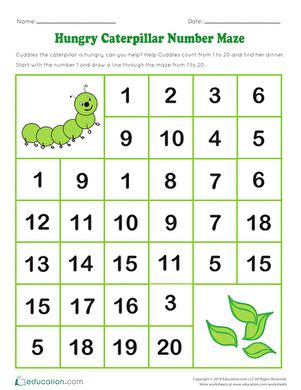 This caterpillar maze will help kids learn to count from 1 to 20 by asking them to draw a line from 1 to 20. Cute graphics and clear instructions will provide the necessary practice for this crucial kindergarten skill. #educationdotcom Number Maze 1-20, Maze For Kids Preschool, Number Maze Worksheets, Kindergarten Math Worksheets Counting, Number Maze, Math Maze, Maze Worksheet, Kindergarten Worksheets Free Printables, Homeschool Worksheets