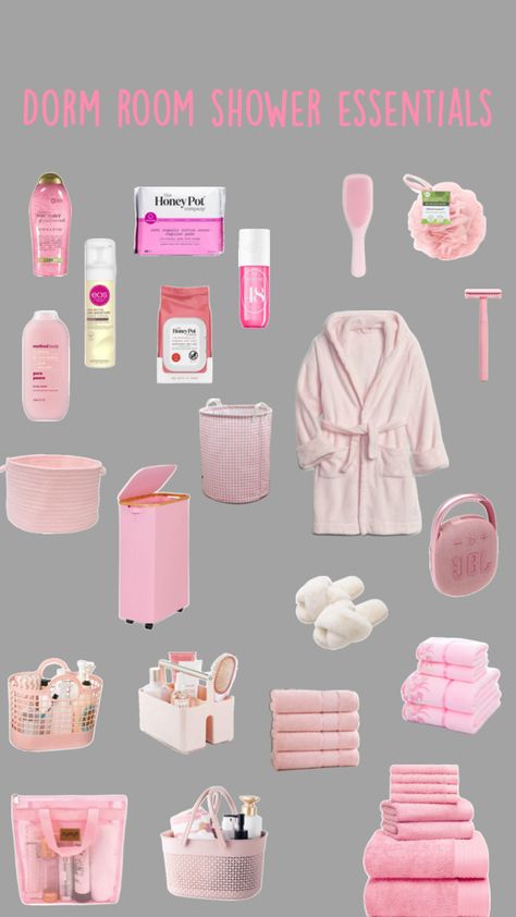 Shower essentials, pink shower stuff,dorm shower necessities,dorm shower essentials,pink shower essentials,pink body wash,pink robe,Eos,shower routine,slippers,pink laundry basket,pink shower essentials Shower Necessities, Dorm Necessities, Shower Essentials, Pink Dorm, College Planning, Shower Stuff, Dorm Essentials, Honey Pot, College Dorm