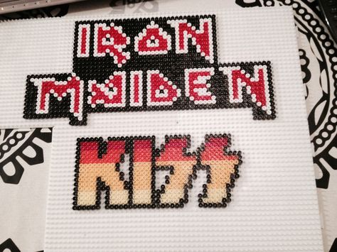 Iron maiden & kiss hama midi Perler Bead Band Logos, Melty Bead Designs, Plastic Canvas Box Patterns, Pixel Beads, Pearl Beads Pattern, Easy Perler Beads Ideas, Fuse Bead Patterns, Diy Perler Bead Crafts, Beads Ideas