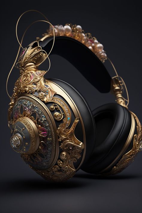 luxury gem and diamond and gold encrusted Baroque headphones detailed photorealisitic isolated, blender , 3d, Headphone Art, Steampunk Technology, Tech Gadgets Technology, Headphones Art, Gold Wallpaper Background, Gear Art, Headphones Design, Hair Stores, Cosmic Art