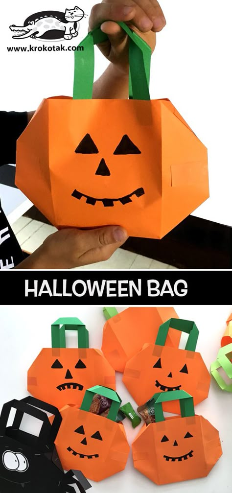 HALLOWEEN BAG | krokotak | Bloglovin’ Pumpkin Paper Bag Craft, Pumpkin Bag Craft, Brown Paper Bag Pumpkin Craft, Pumpkin Bag, Halloween Bag Ideas, Diy Halloween Bags, Halloween Card, Halloween Bags Diy, Halloween Paper Bags