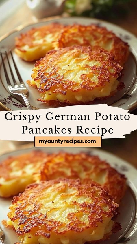 These German potato pancakes are crispy, savory, and utterly satisfying. Grated potatoes are perfectly seasoned and fried until golden brown, giving you the ideal balance of crunch and softness. Serve with applesauce or sour cream for a true taste of German cuisine. German Boiled Potatoes, Polish Potato Pancakes Shredded, German Potato Pancakes Authentic, German Potato Recipes, German Fried Potatoes, Yule 2024, Fried Potato Cakes, Polish Potato Pancakes, Potato Pancake Recipe