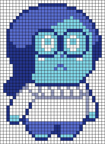 Inside Out's Sadness pattern, could be used to make a crochet Graphgan blanket or with hama and perler beads or even as a cross stich pattern Alpha Pattern #20228 Preview added by neopets Alice In Wonderland Alpha Pattern, Inside Out Perler Bead Patterns, Pixel Art Inside Out, Blue Pixel Art, Pixel Art Disney, Pixel Cartoon, Graphgan Patterns, Crochet Graphgan, Perler Beads Ideas