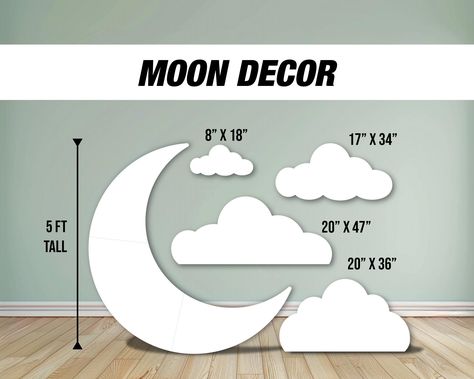 High resolution, Single Sided, Durable Cutouts, Weather Resistant. Waterproof Sizing differs base on package selected. Please refer to the image for sizing reference. if you need a different size, please message us. Larger piece will ship folded, to reduce shipping cost, print quality is not affected by the fold. Material: Coroplast 4mm fluted plastic  If you have a specific color or text request please message us :) or leave a message at checkout. Moon Decorations Party, Moon Shape, Celestial Decorations, Moon Stars Baby Shower Ideas, Angel Baby Shower Theme, Moon Photo Prop, Moon Backdrop, Table With Moon Cutout, Moon Photo Backdrop