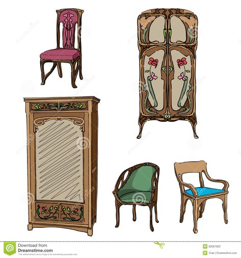 Art Nouveau Bedroom, Art Deco Drawing, Colored Furniture, Nouveau Furniture, Art Nouveau Interior, Furniture Sketch, Art Nouveau Furniture, Drawing Interior, Interior Design Sketches