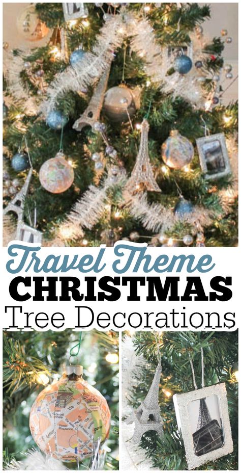 Make a travel theme Christmas tree featuring DIY ornaments showcasing your photos and maps of your destinations, plus make a custom travel tree skirt! via @stuffedsuitcase Travel Themed Christmas Tree Ideas, Travel Inspired Christmas Tree, Christmas Tree Travel Theme, Travel Ornaments Christmas Tree, Travel Tree Topper, Travel Tree Christmas, Travel Theme Christmas Tree, Travel Christmas Tree Theme, Travel Themed Christmas Tree