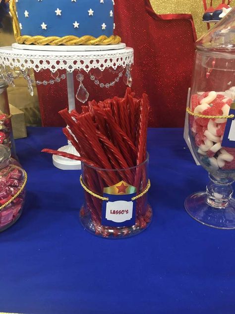 Wonder Woman Food Party Ideas, Superwoman Birthday Party, Wonder Woman Birthday Theme, Wonder Woman Party Food, Wonder Woman Party Favors, Wonder Woman Themed Birthday Party, Onederwoman First Birthday, One Der Woman First Birthday, Oneder Woman 1st Birthday Decor