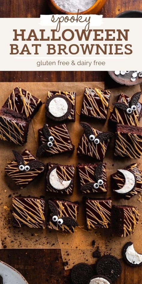 Let's get spooky with these gluten free halloween brownies! They're rich and fudgy with a dairy free chocolate ganache icing on top and almond butter drizzle. Decorated with Oreo bats and full and half moons for a super spooky scenery! Bat Brownies, Spooky Scenery, Oreo Bats, Gluten Free Halloween, Halloween Brownies, Hearty Snacks, Half Moons, Oreo Brownies, Gluten Free Brownies